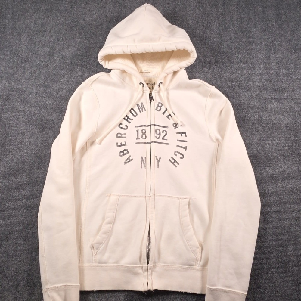 Vintage Abercrombie & Fitch Muscle Hoodie Mens Small Cream Full Zip Y2K